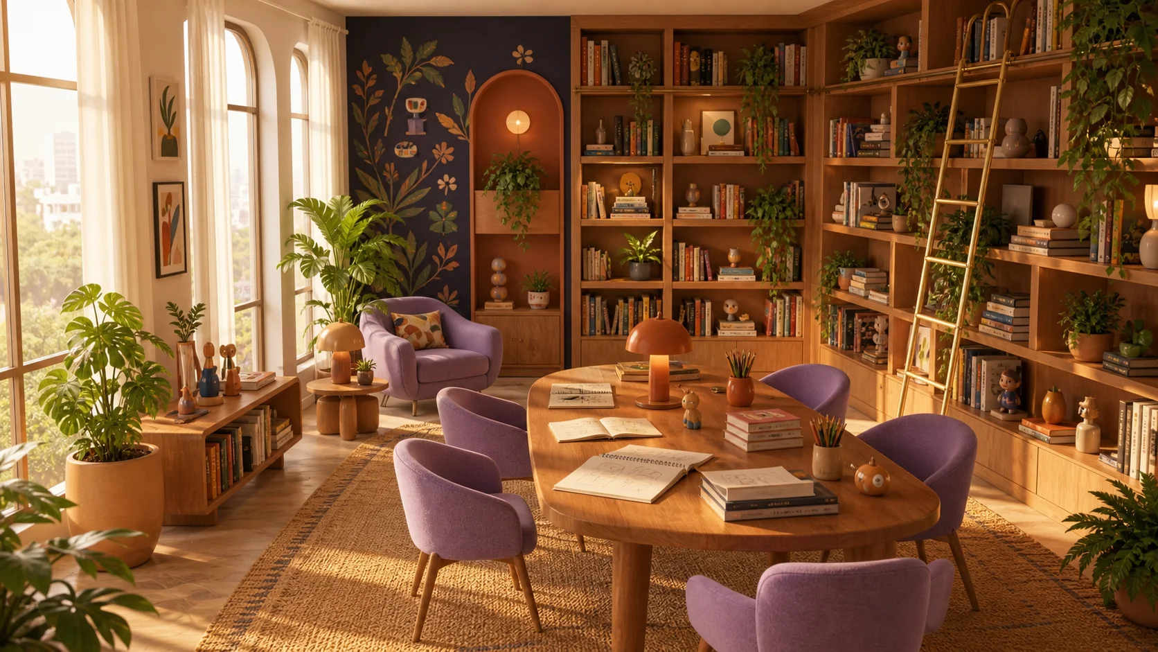Biblioteca do escritório da WeAgency, com prateleiras e material organizado